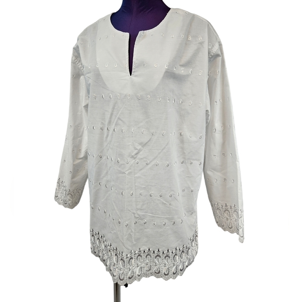 NWOT Style Studio White Eyelet Tunic‎ Top Size Large Women's